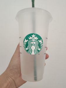 Starbucks 24OZ/710ml Plastic mug Reusable Clear Drinking Flat Bottom Cup Pillar Shape Lid Straw Mug Bardian DHL