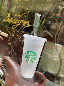 Starbucks 24oz/710 ml Plastic Tumbler herbruikbaar Clear Drinking Flat Bottom Cup Pilaar Shape Lid Straw Mok Bardian 10 PCS 1 Q0KR