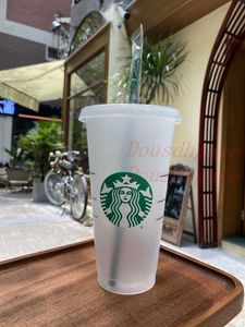 Starbucks 24oz/710ml Plastic Tumbler Reusable Clear Drinking Flat Bottom Cup Pillar Shape Lid Straw Mugs Bardian 50pcs Free DHL PHIP
