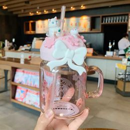 Starbucks Cherry Blossom Season Mason Glass Straw mok 600 ml roze Sakura Cat Bow Coffee Cup U3VG