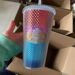 Starbucks Tasses froides avec Dieu clouté 24 oz 710 ml Tumbler Double paroi Tasses à café en plastique mat avec paille réutilisable Clear Drinki327V