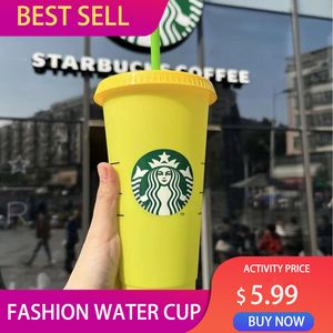 Starbucks Taza que cambia de color Botellas de agua con tapa y vaso de plástico con pajita Reutilizable para beber en fiestas 710 ml