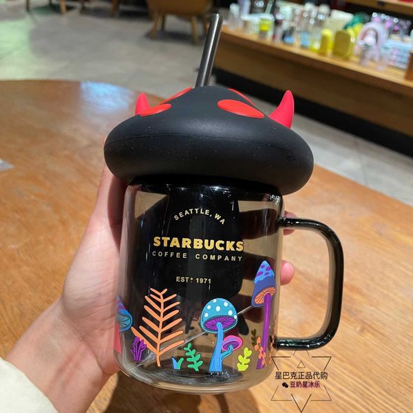 Taza Starbucks Marca Hongo Halloween Garra de gato negro Diablo Paja de vidrio Botella de albañil Amantes de la taza Diseñador atractivo