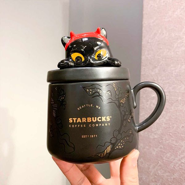 Starbucks cup Halloween Black Cat apreciación café pequeña música diablo taza de cerámica taza de café de dibujos animados con tapa