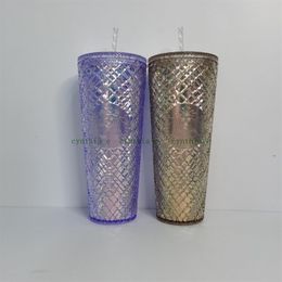 Starbucks Dubbele Champagne Beker Stro Beker 710ML Tuimelaars Zeemeermin Plastic Koud Water Koffiekopjes Gift Mok Pink249M