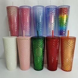 Starbucks Double Plaid Cup Straw Cup 710 ml Tumblers Mermaid Plastic Cold Water Coffee Cups Gift Mug Pink299s