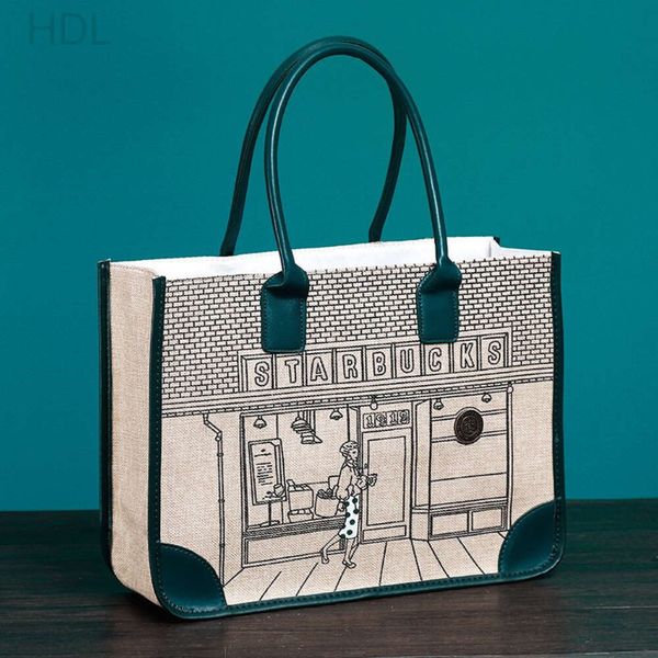 Starbucks Sac à bandoulière en lin pour femme Sac à main de style bande dessinée de grande capacité Sac sous les bras