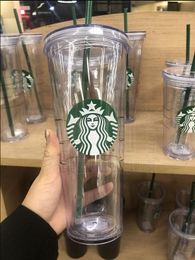 Starbucks Mermaid Goddess 24oz / 16oz Vaso de plástico doble Copa inferior Diosa Tapa de regalo Reutilizable Transparente Beber Vasos planos Paja de alta calidad