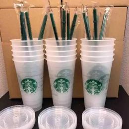 Starbucks Mermaid Goddess 24 oz / 710 ml Tasses en plastique Gobelet réutilisable clair à fond plat en forme de pilier Couvercle Tasses en paille Bardian