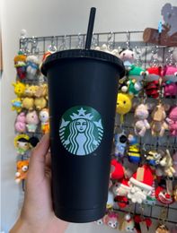 Starbucks Mermaid Goddess 24 oz / 710 ml Tasse en plastique Gobelet réutilisable Noir Boire Fond plat Forme de pilier Couvercle Tasses de paille de haute qualité