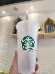 Starbucks Mermaid Goddess Gobelet en plastique réutilisable transparent à fond plat en forme de pilier avec couvercle en paille 24 oz/710 ml