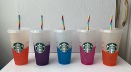 Starbucks zeemeermin godin 24oz plastic mokken tumbler cadeau deksel herbruikbaar helder drinkplatige bodem rietje kleur veranderende flits zwarte bekers hoge kwaliteit