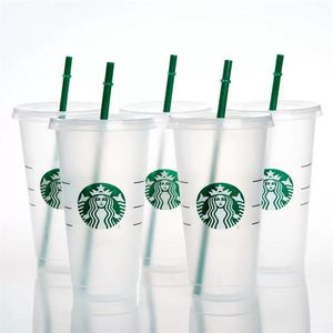 Starbucks Mokken 24oz 710ml Plastic Tumbler Herbruikbare Zwarte Drinkbekers Met Platte Bodem Pijlervorm Deksel Stro FY4448 0626204W