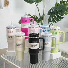 Tazas Vasos Quencher listos para enviar H2.0 Tazas de acero inoxidable de 40 oz con tapa con mango de silicona y pajita Tazas para automóvil de segunda generación Sigue bebiendo botellas de agua fría 514