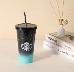 DISEÑADOR Taza con pajita Tecnología de astronauta de doble capa Taza aislante de acero inoxidable reflectante Taza de café Taza de agua de color degradado portátil para estudiantes Vasos