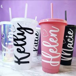 Aangepaste logo bezaaid tuimelaars 710 ml Plastic koffie Coffee Cup Bright Diamond Star Straw Cup Durian Cup Gift heet en koud