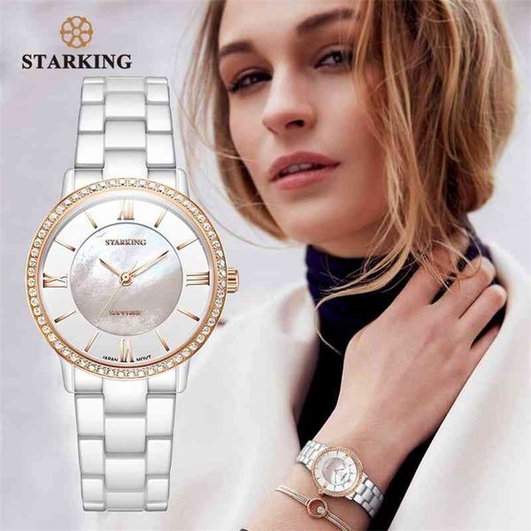 Starking Marque De Luxe Femmes Montres Blanc Céramique Diamant Dames Montre Cadeau Saphir Quartz Montre-Bracelet Relogios Femininos Horloge 210616