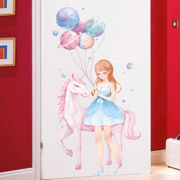 Starry Girl Licorne Stickers Muraux pour Enfants chambres Filles chambre Porte Décoration Murale Amovible Vinyle Stickers Muraux Art Murals Nursery Decor 210705