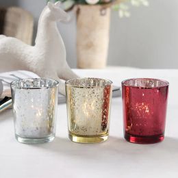 Porte-bougie votive en verre de mercure, nuit étoilée, tasse de bougie votive mouchetée, décoration de noël or rouge argent pour fête de mariage