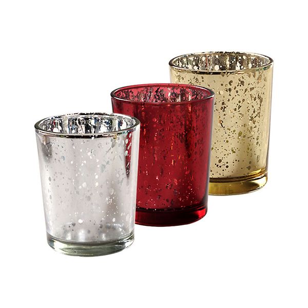 Soporte de luz de té de noche estrellada, vela votiva de cristal de mercurio, taza moteada de Navidad, oro, rojo, plata, decoración para fiesta de boda