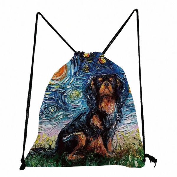 Ciel étoilé Peinture à l'huile Chien Imprimer Cordon de poche Cadeau Nouveau Fi Sacs à dos pour les étudiants Voyage Chaussures portables Sac Livre Sacs H5lr #