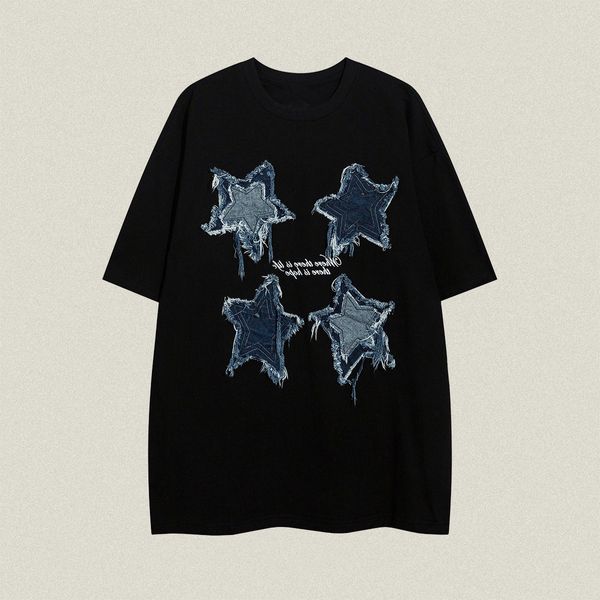 T-shirt à manches courtes avec Patch en Denim étoiles pour hommes, haut d'été de rue