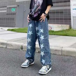 Stars Embroery Streetwear Jeans Broek voor mannen en vrouwen Rechte geripte Oversize Japanse Casual Denim Broeken