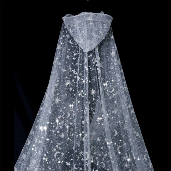 Étoiles Lune Voile De Mariage À Capuche 2023 Lily Collins Cathédrale Longue Cape De Mariée Paillettes Motifs Célestes Western Victorien Bling Bling Scintillant Brillant Chapelle Wrap Y2K