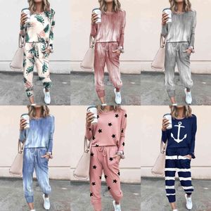 Stars Print Casual Vrouwen Twee Stuk Sets 2020 Nieuwe Lente Herfst Loungewear Womens Leisure Top Shirt en Pocket Broek Outfits Set X0428