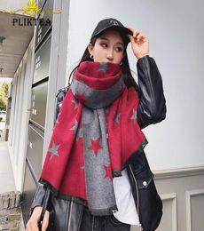 Étoiles imprimer gris rouge hiver femme Tippet écharpe Poncho femmes 039s Faux cachemire châle mélanges de laine étole dames hiver Wrap6605219