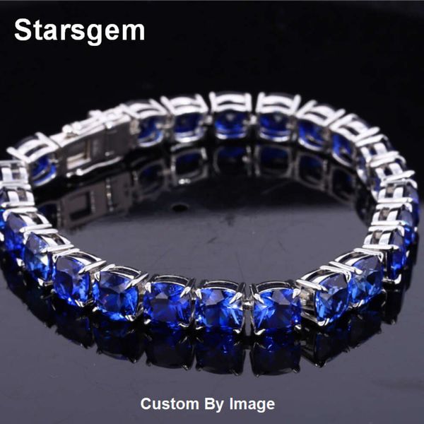 Starsgem Pulsera personalizada de zafiro azul real de plata de ley 925 chapada en oro de 18 quilates para mujer y hombre