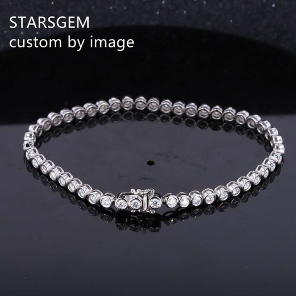 Starsgem Fine Jewelry Pulsera de tenis con eslabones de cadena de diamantes cultivados en laboratorio con ajuste de bisel de oro blanco sólido de 14 k