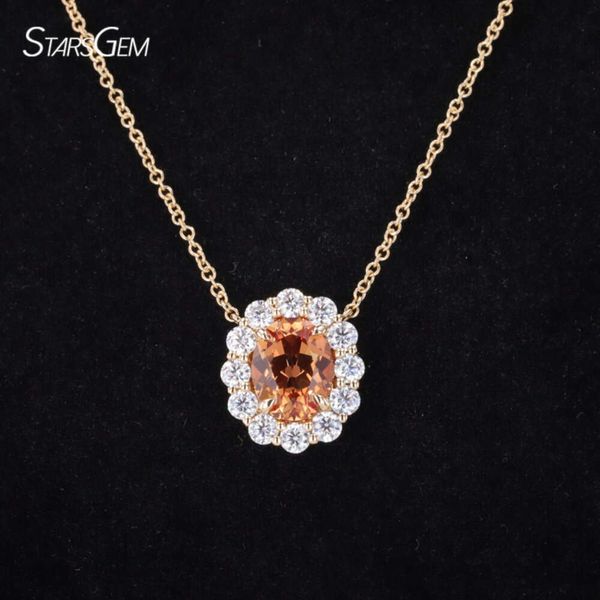 Starsgem Fine Jewelry Collier de style floral en or jaune 14 carats avec pendentif en pierre précieuse de couleur orange saphir cultivé en laboratoire