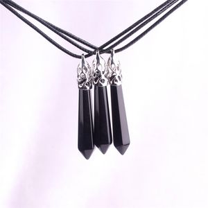 Verklaring Natuurlijke Zwarte Onyx Boho Crystal Gem Ketting Good Luck Reiki Agate Stone Point Drop Spike Bullet Case met verzilverde fittingen