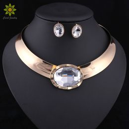 Verklaring Dames Choker Ketting Oorbellen Set Goud Kleur Afrikaanse Chunky Rhinestone Hanger Ketting Kraag Sieraden Sets