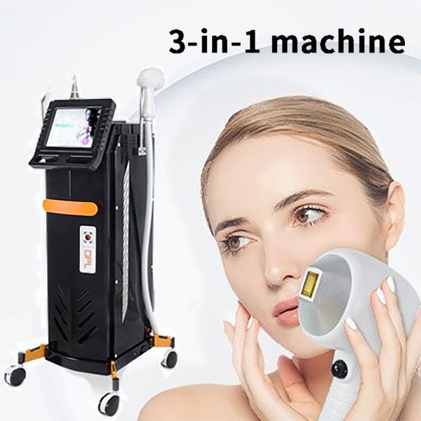 Équipement stationnaire d'épilation/tatouage 3 en 1, laser à diode 808nm OPT IPL, resserrement de la peau, rétrécissement des pores, instrument de lavage de tatouage indolore Nd Yag