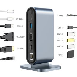 Stations 12 en 1 de type C Adaptateur Station d'amarrage SD / TF Carte Reader Hub USB 3.0 / VGA / RJ45 PORTS / 3,5 mm Jack 100W PD 4K HDMICOMPATIBLE