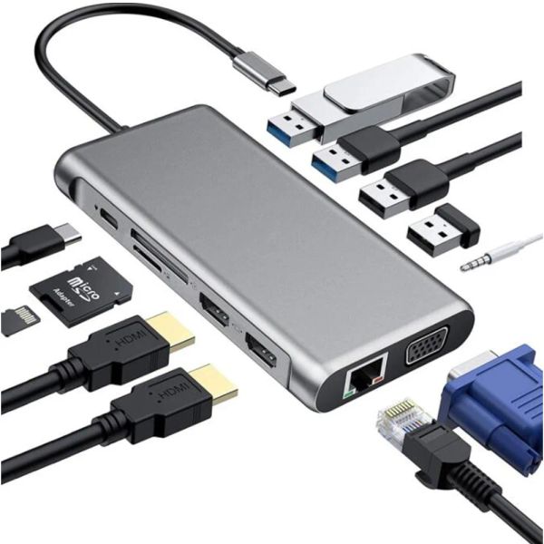 Estaciones 12 en 1 USB C HUB Dual Adaptador de control de la computadora portátil Hub USB C a 2 HDMI 4K+VGA+Ethernet+100W PD+4USB+Audio para MacBook Pro OTG