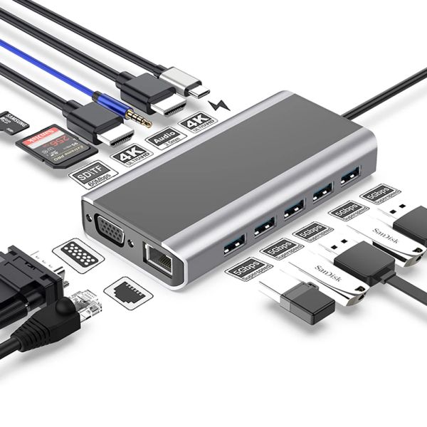 Stations 14 en 1 USB C Hub 4K HD Wireless Charger Adaptateur Multiport avec Station d'accueil PD TYPEC VGA RJ45 TF SD Carte Reader pour MacBook