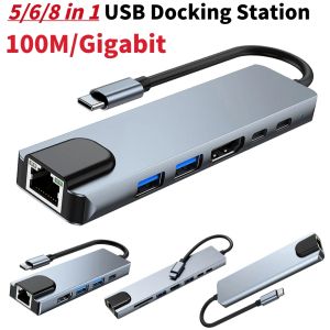 Stations 5/6/8 in 1 USBC HUB USB2.0/3.0 PORTS Multiportadapter SD TF -kaartlezer 100m/Gigabit RJ45 4K/30Hz HDMICompatibel voor laptop