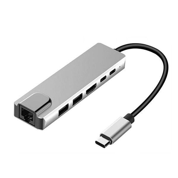 Stations 6 en 1 USB Type C HDMICOMPATIBLE HUB Sortie USB 3.0 USB 2.0 RJ45 Port Ethernet USB C PD Adaptateur de charge pour ThinkPad