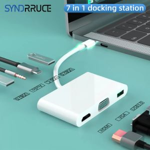 Stations 7 ports USB C Hub Typec pour MacBook Accessoires Dock Dock Staotion Switch Adaptateur à HDMI4K VGA 1080P 3.5 mm AUX PD Charge USB 3.0