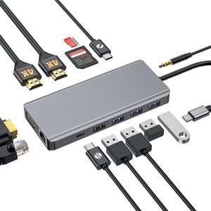 Estaciones más vendidas 13 en 1 Multiport USB C Estación de acoplamiento a Dual 4K HD VGA RJ45 Audio 100W PD Cargo USB Hub para MacBook/Teléfono