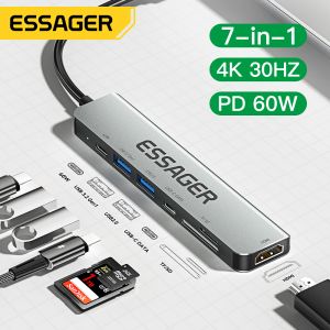 Stations Essager 7 dans 1 USB Type C Hub PD60W Spladeur de charge rapide ordinateur portable HDMI Splateur à grande vitesse 5 Gbps pour PC USB 3.2 GEN1 2.0 PORTS