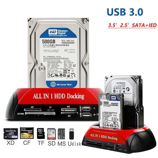 Estaciones Estación de acoplamiento HDD para 2,5 3,5 pulgadas SSD HDD Adaptador USB 3.0 a IDE SATA con lector de tarjetas TF SD XD MS Convertidor IDE SATA a USB