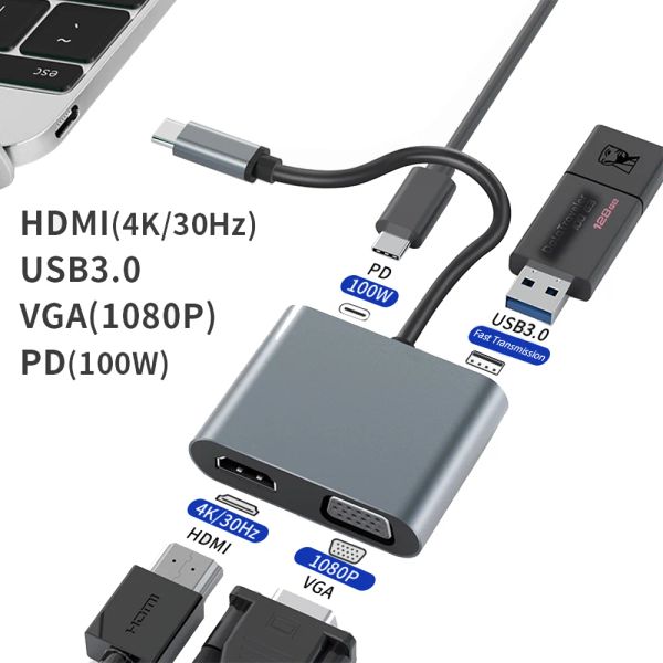 Stations ordinateur portable USB C Station d'accueil 4 en 1 HDMICOMPATIBLE 4K 30HZ SORTIE VGA 1080P PD100W USB3.0 Hub USB pour tablette de téléphone PC MacBook