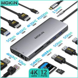 Stations Mokin 12in1 Station d'amarrage USB2.0, USB3.0, HDMI 4K30Hz, DP 4K60Hz, PD 100W, SD, TF, RJ45 1 Gbps, Audio pour MacBook Air / Pro