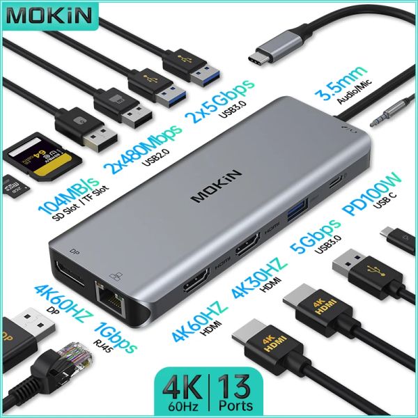 Stations Mokin 13 en 1 Station d'accueil pour MacBook Air / Pro, Thunderbolt ordinateur portable USB3.0, HDMI 4K60Hz, DP 4K60Hz, PD 100W, RJ45 1 Gbps