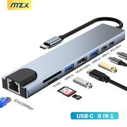 Estaciones MZX 8in1 Estación de acoplamiento USBC USB HUB 3 0 Concentrador 4K HDMiCompatible HDTV 100M RJ45 Lector de tarjetas TF Tipo C 3.0 Dock