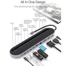 Stations aucun HUB vers PD USB 3.0 TF SD lecteur 4K HD compatible VGA 1000Mpbs RJ45A Type C Station d'accueil pour MacBook Pro